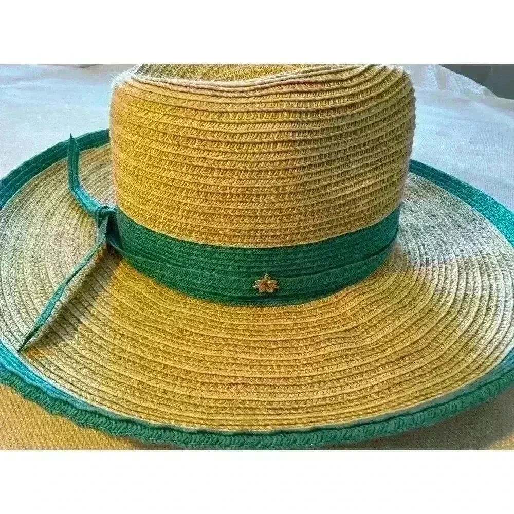 Cappelli Straworld Sun Hat 15” Turquoise Ribbon Band and Edging Flower Charm